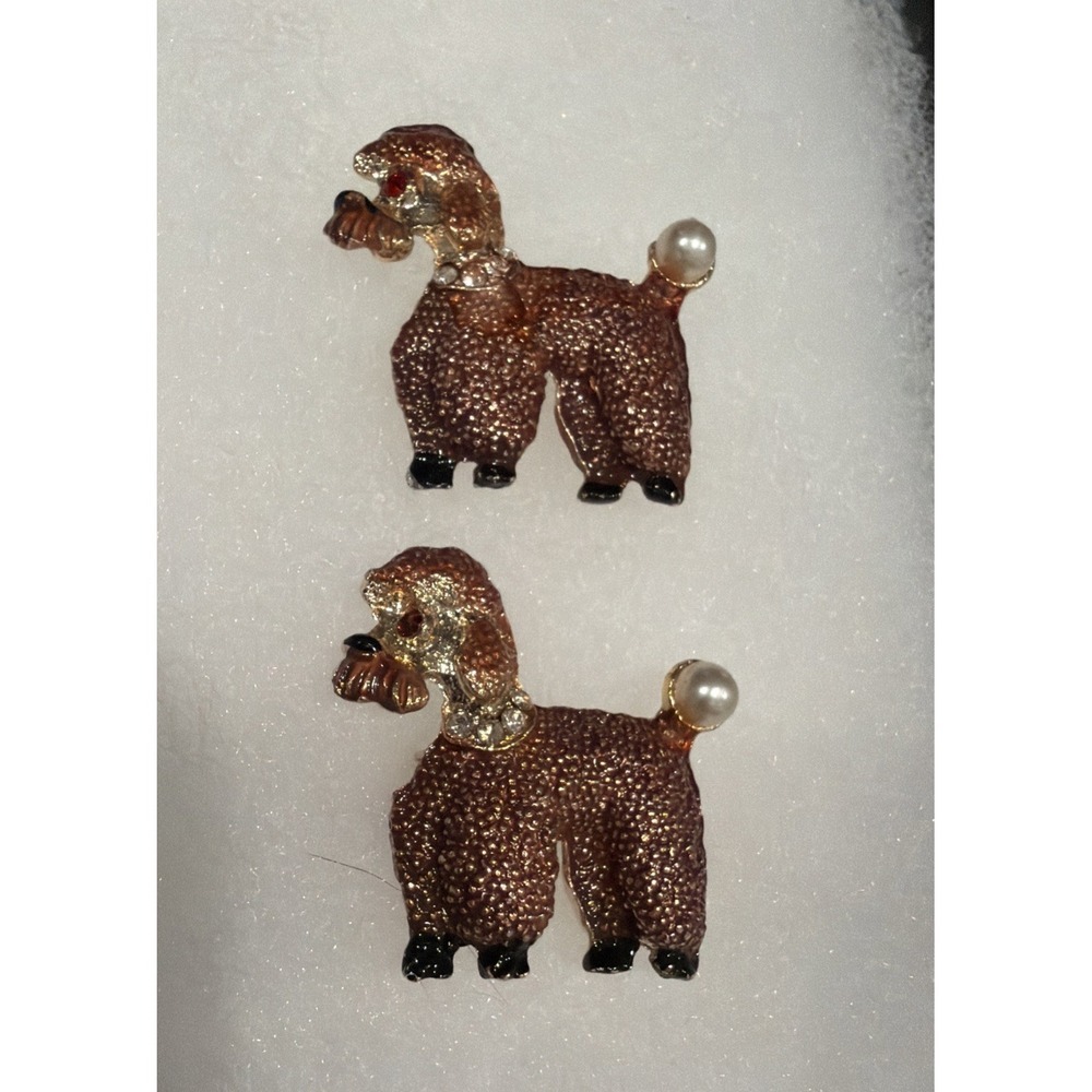 Vintage Apricot Poodle Brooch Set Pearl Tail Crystal Eyes Enamel Pins 2 Pieces